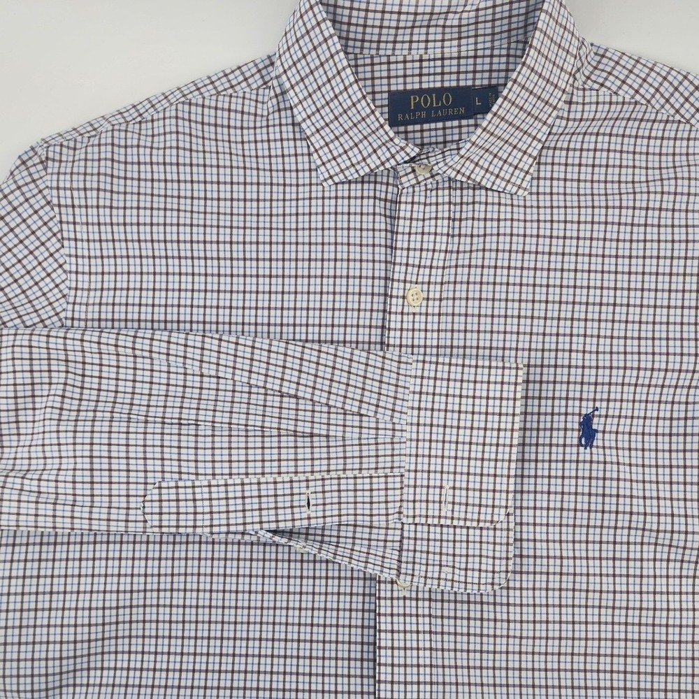 Polo Ralph Lauren Mens Large Button Down Shirt Blue Brown Check Long Sleeve‎ L